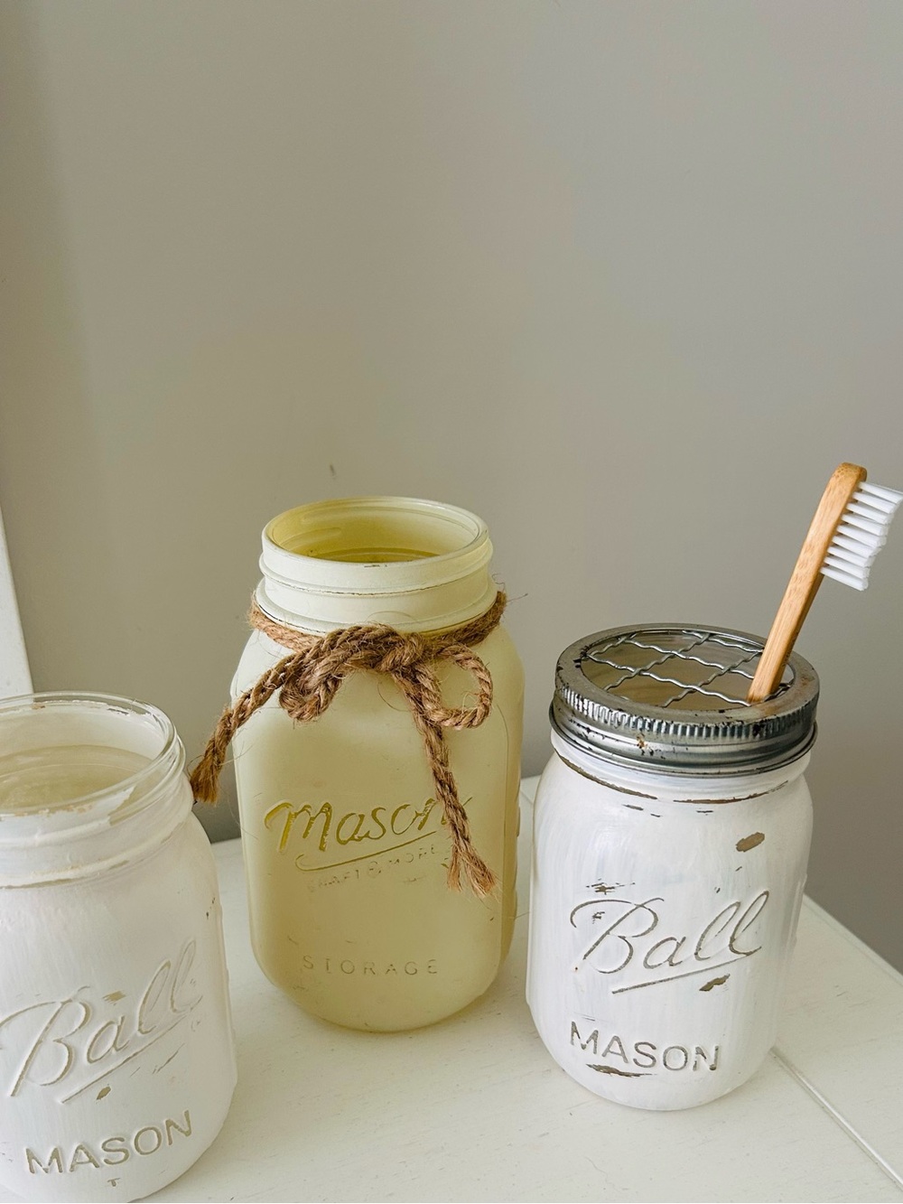 Mason Painted Jar Bathroom Set White and Cream Flower Vase/kitchen utensils etc